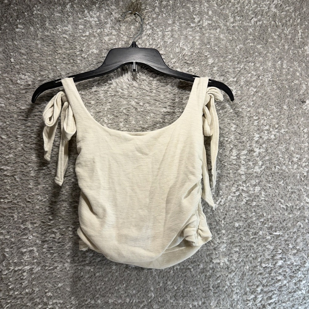 Free People Tank Top Tie Shoulder Ruched Ribbed Cropped XS Tan Boho Festival